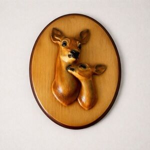 Vintage Chalkware Resin Deer and Fawn Wall Plaque Mid Century Woodland Art